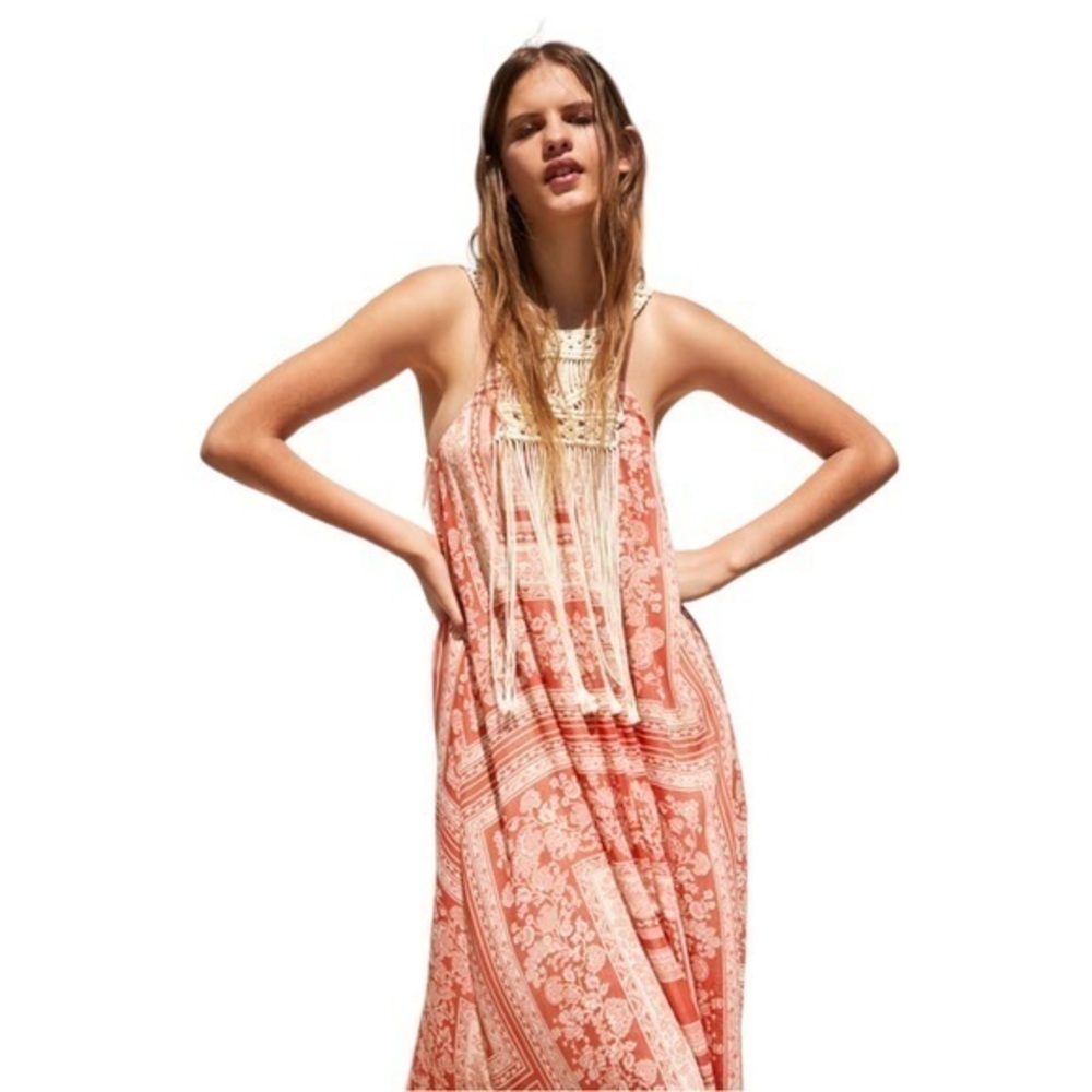 Zara Floral Print Fringe Crochet Neck Detailing Maxi Dress in Red & Cream